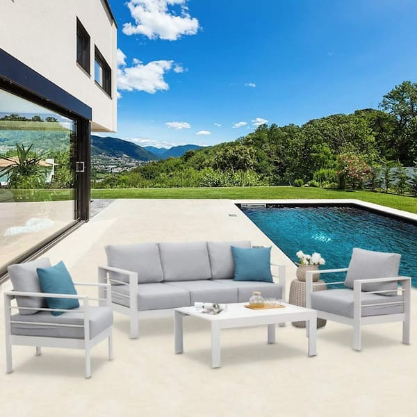 Unbranded 4-Piece Aluminum Patio Conversation Sectional Set with Coffee Table, Outdoor Couch End Side Table Set, White Cushions
