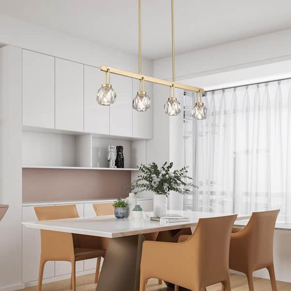 Modern 32.48 in. 4-Lights Gold Metal Globe Pendant Light with Crystal Shade