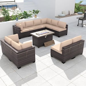 11-Piece Wicker Patio Conversation Set with 55000 BTU Gas Fire Pit Table and Glass Coffee Table and Sand Cushions