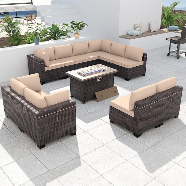 Halmuz 11-Piece Wicker Patio Conversation Set with 55000 BTU Gas Fire Pit Table and Glass Coffee Table and Sand Cushions