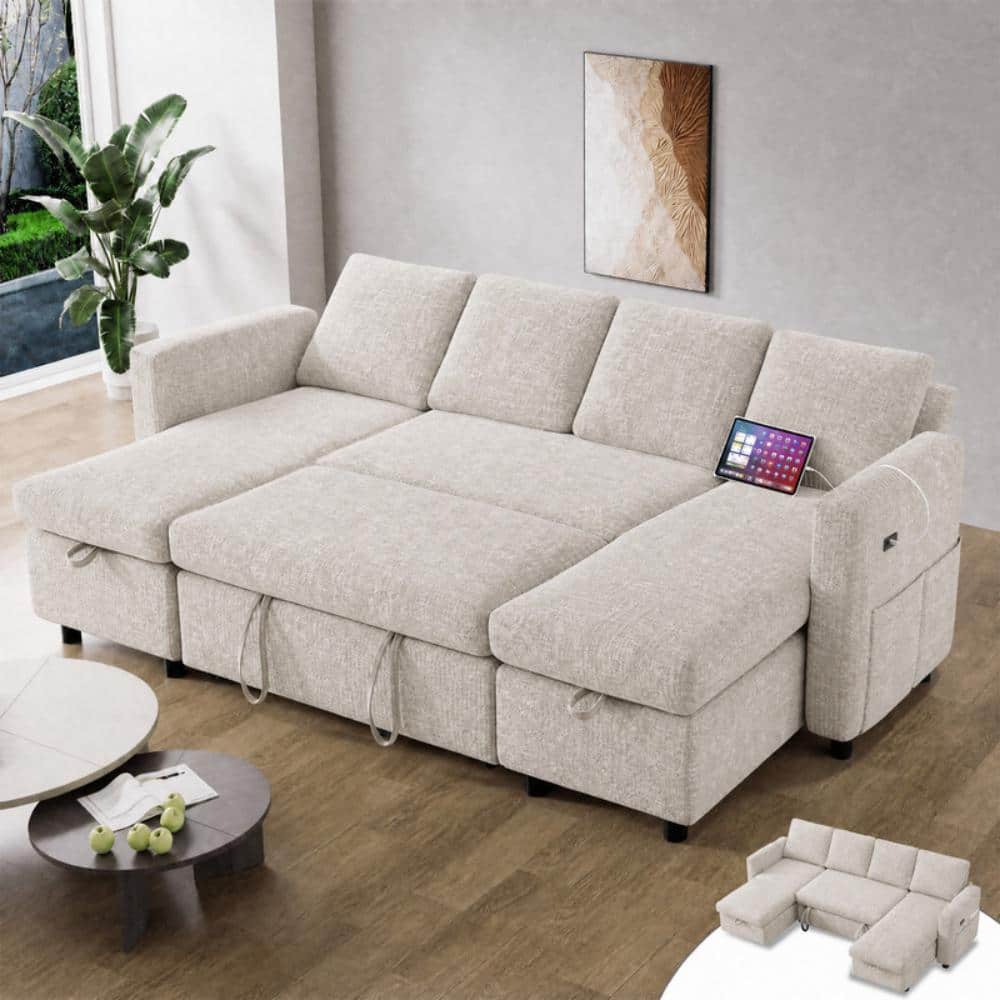 105" Sleeper Sofa Bed with Pull Out Bed U-Shaped Couch Sectional Sleeper Sofa,Chenille Beige