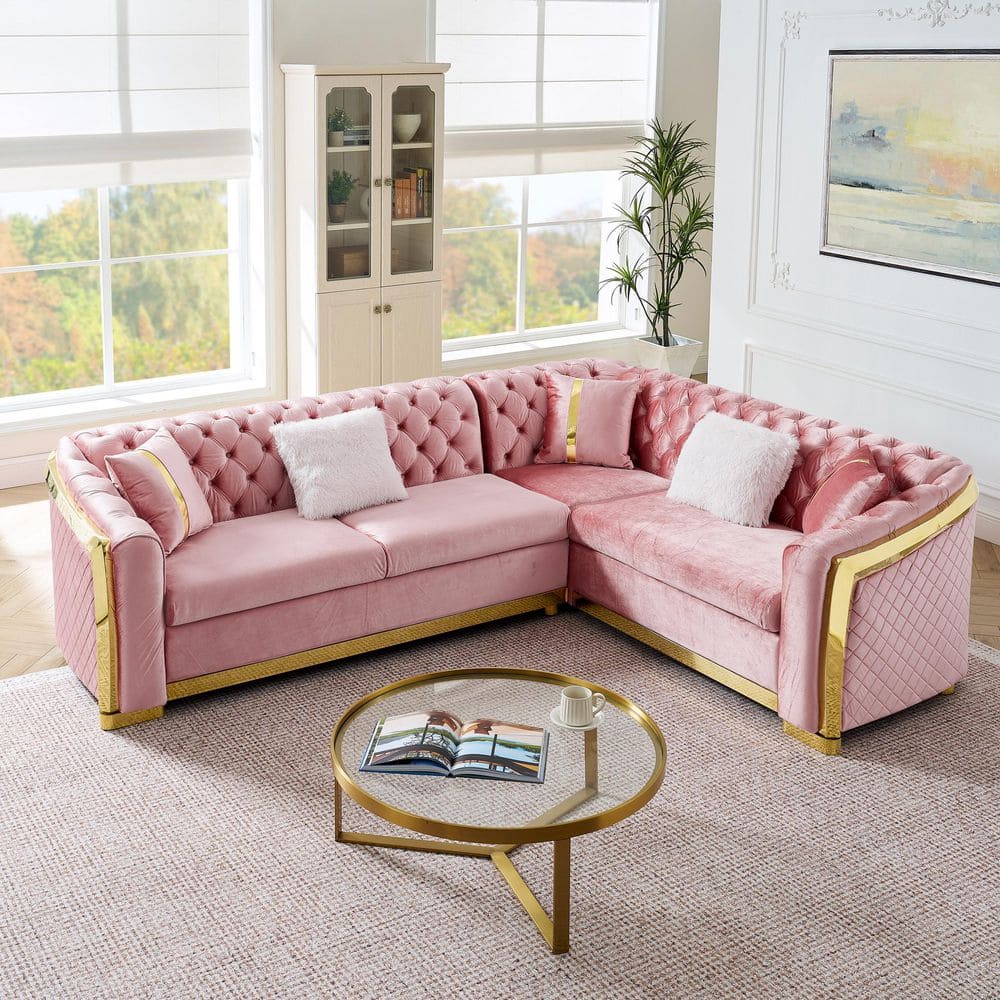 Pahana 105.5 in. L-Shaped Rolled Arm Velvet with 5 Pillows Sectional Sofa in Pink