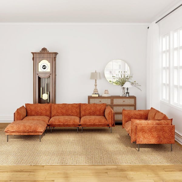 Living Room Set 111 in. 3-Seat and 75 in. Loveseat Tapered Arm Velvet Modular Cloud Sofa with Ottoman in Orange