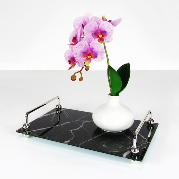LIVING LUXURY Rectangle Marble Look Glass Black Decorative Tray with Silver Handles 13.5 in.