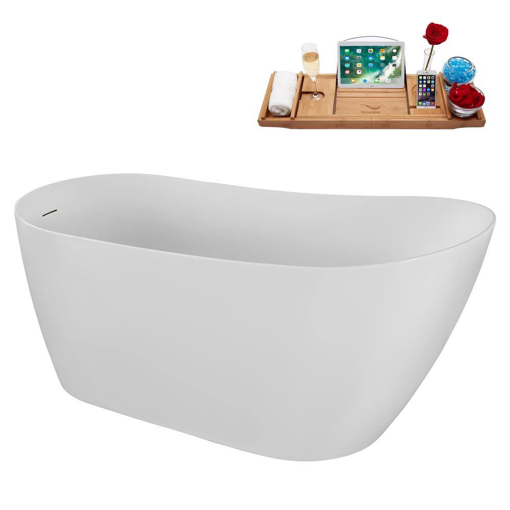 59" Glossy White Acrylic Freestanding Soaking Bathtub with Bamboo Tray