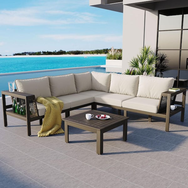 4-Piece Grayish Brown L-Shaped Acacia Wood Outdoor Sofa Sectional Set with Beige Cushions, Coffee Table