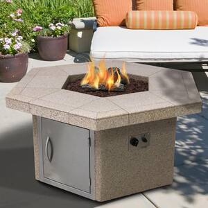 Stucco and Tile Dining Height Square Gas Fire Pit with Log Set and Lava Rocks