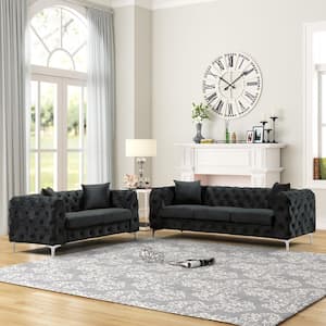 Modern 2-Pieces of Loveseat and Sofa Couch Set with Dutch Velvet Iron Legs Top in Black
