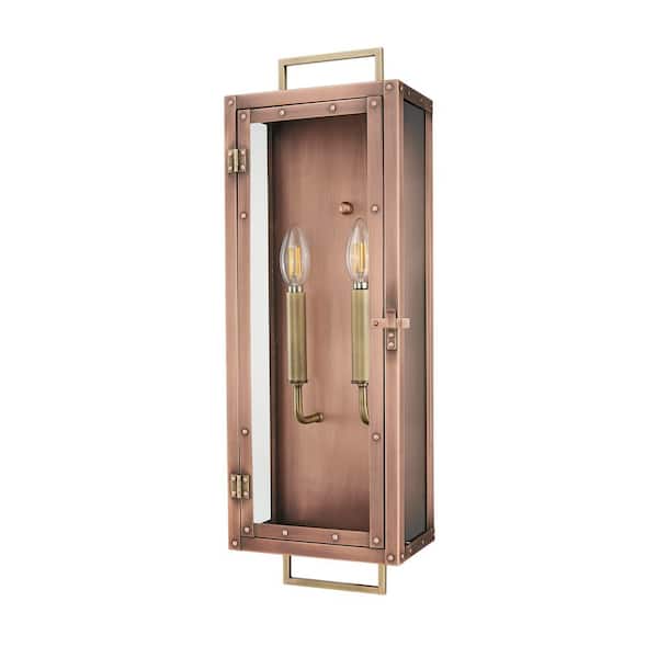 24 in. 2-Light Antique Copper With Brass Accents Outdoor Wall Lantern With Clear Glass Panes