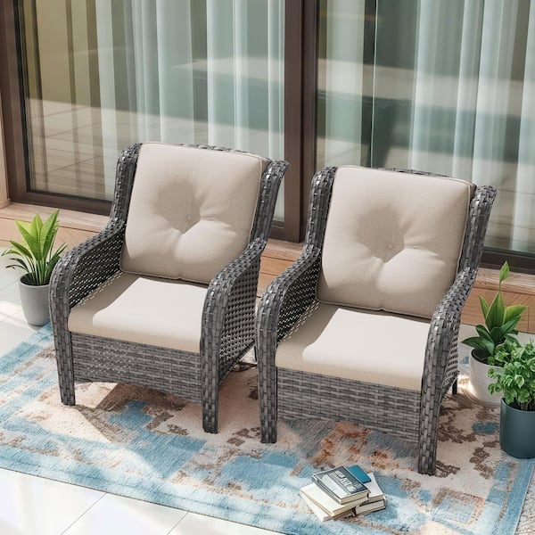 Ergonomic Arm 2-Piece Patio Wicker Outdoor Lounge Chair with Beige Cushions