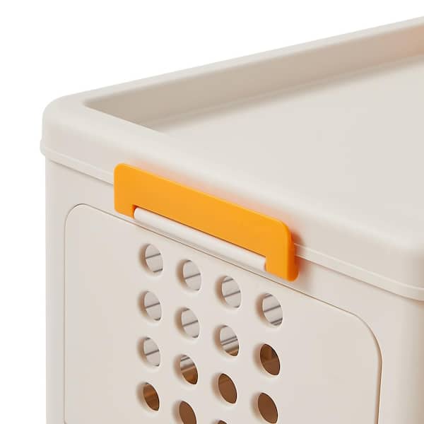 Beige Stackable Storage Bins with Lid and Door, 3-Tier Foldable Storage Containers for Bedroom/Living Room Organization