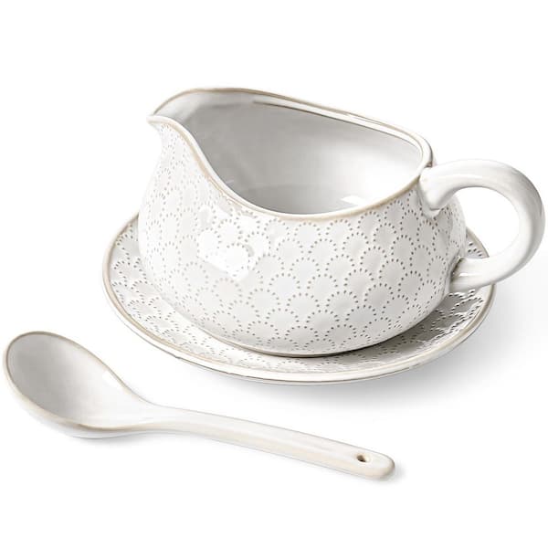 24 oz. White Ceramic Gravy Boat with Ladle and Saucer Stand, Ceramic Sauce Boat with Tray for Salad Dressings