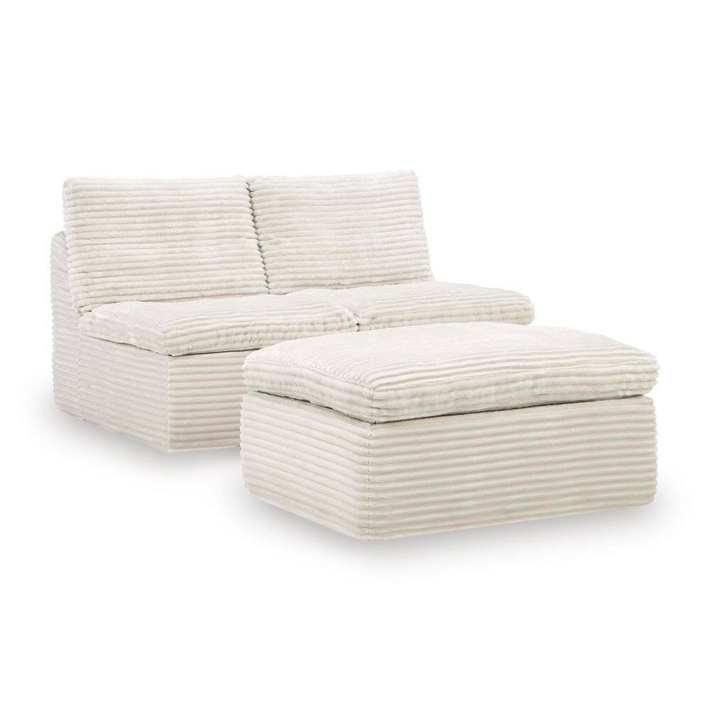 Beige corduroy loveseat and ottoman set shown from a three-quarter angle.
