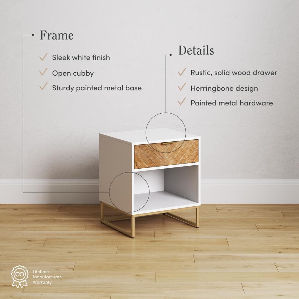 Kensi 18.9" White and Gold Nightstand with Herringbone Wood Drawer