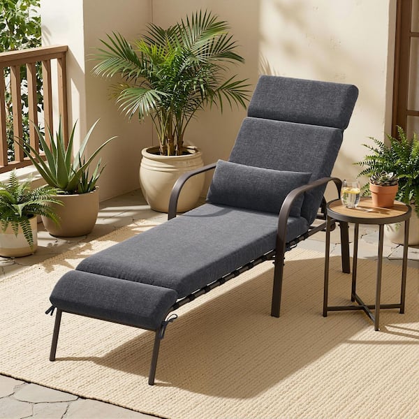 1-Piece Metal Outdoor Chaise Lounge with Adjustable Backrest Armrest and 3.94 in. Thick Cushion in Dark Gray