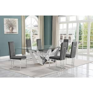 Meryl 7-Piece Rectangular Glass Top Stainless Steel Dining Set With 6 Dark Grey Velvet Fabric Chrome Iron Leg Chairs