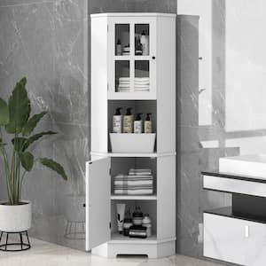 23.2 in. W x 15.9 in. D x 65in. H White Linen Cabinet Corner Cabinet with Glass Door, Open Storage, Adjustable Shelf