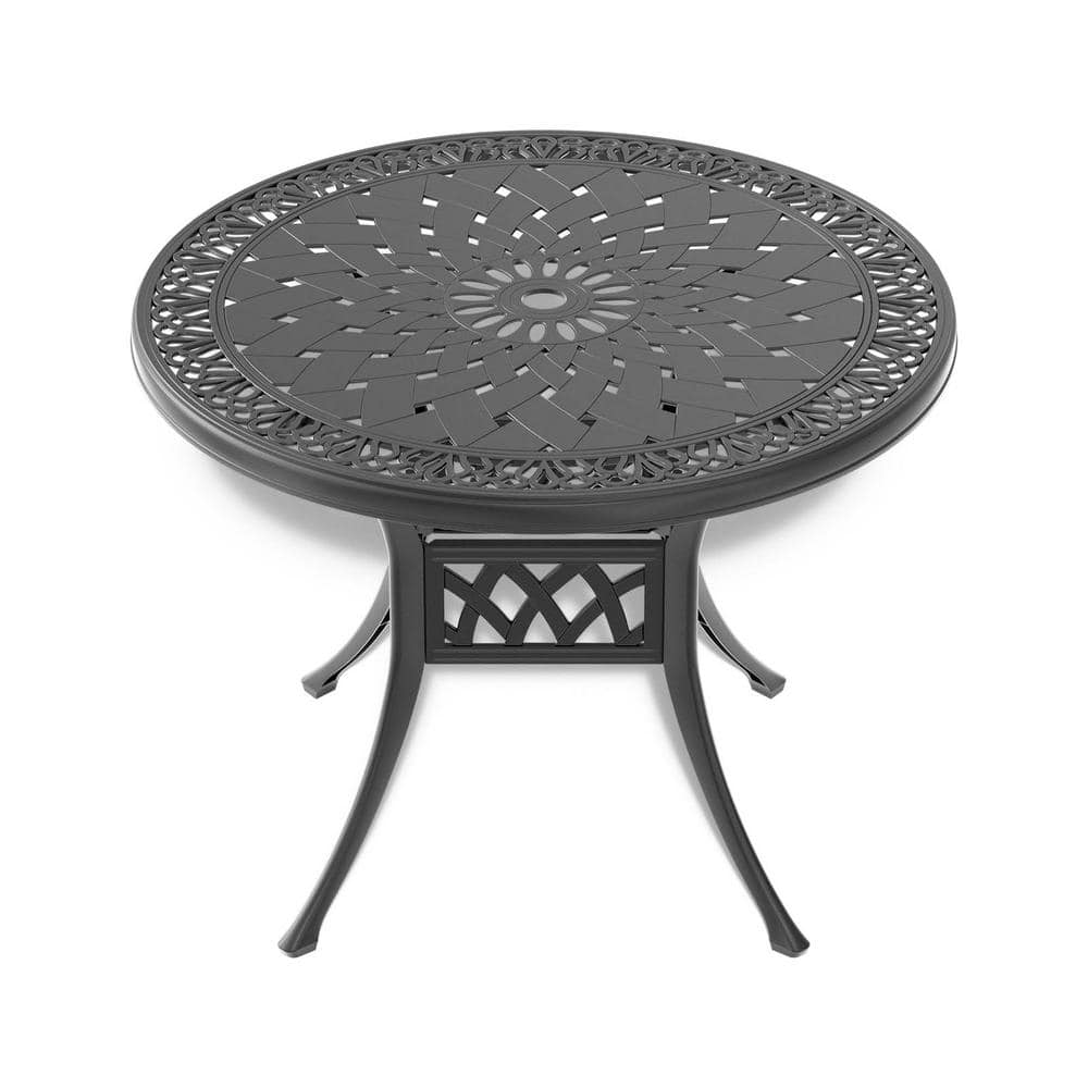 35.43 in. Cast Aluminum Outdoor Dining Table Black Round Patio Dining Table