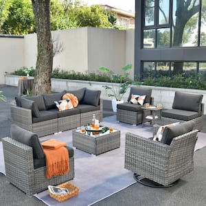 Sanibel Gray 9-Piece Wicker Outdoor Patio Conversation Sofa Sectional Set with a Swivel Rocking Chair and Black Cushions