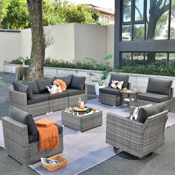 Toject Sanibel Gray 9-Piece Wicker Outdoor Patio Conversation Sofa Sectional Set with a Swivel Rocking Chair and Black Cushions