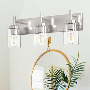 24 in. 3-Light Modern Brushed Nickel Bathroom Vanity Light with Clear Glass Shades for Mirror