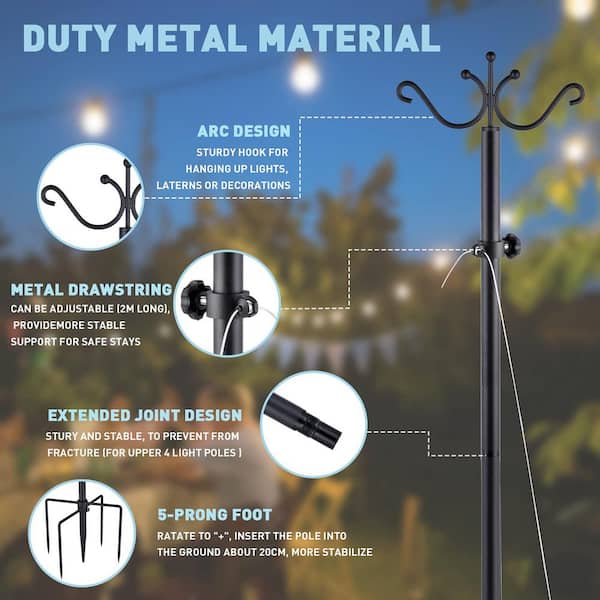 108 in Black with Hooks and Wire Rope Outdoor Patio String Lights Poles (2 -Pack) Metal Light Poles TG07-KJ040 The Home Depot