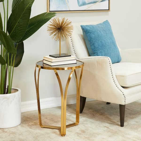 Litton Lane 16 in. Gold Large Round Marble End Accent Table with Black Top