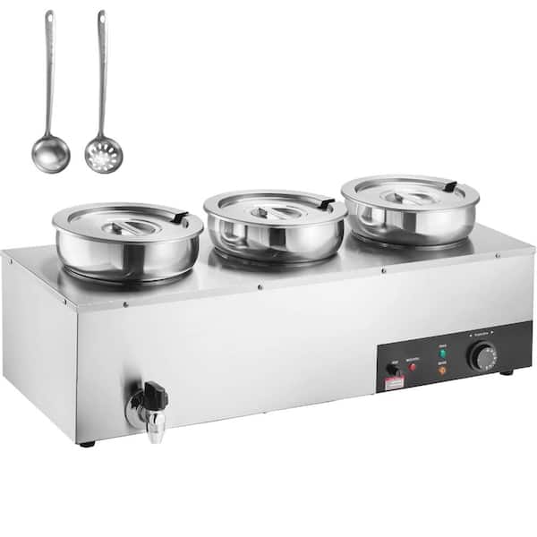 Electric Soup Station Bain Marie 1200W 86-185F 3 x 7.4 Qt Round Pots Stainless Steel Anti-Dry Burn Reset Button