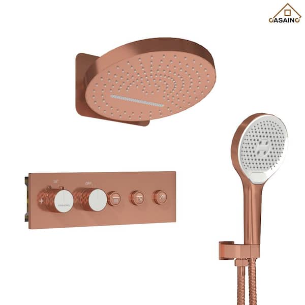 CASAINC 5-Spray Dual Shower Head 16 in. Round Wall Mount Fixed and Handheld Shower Head 2.5GPM Thermostatic in Brushed Rose Gold