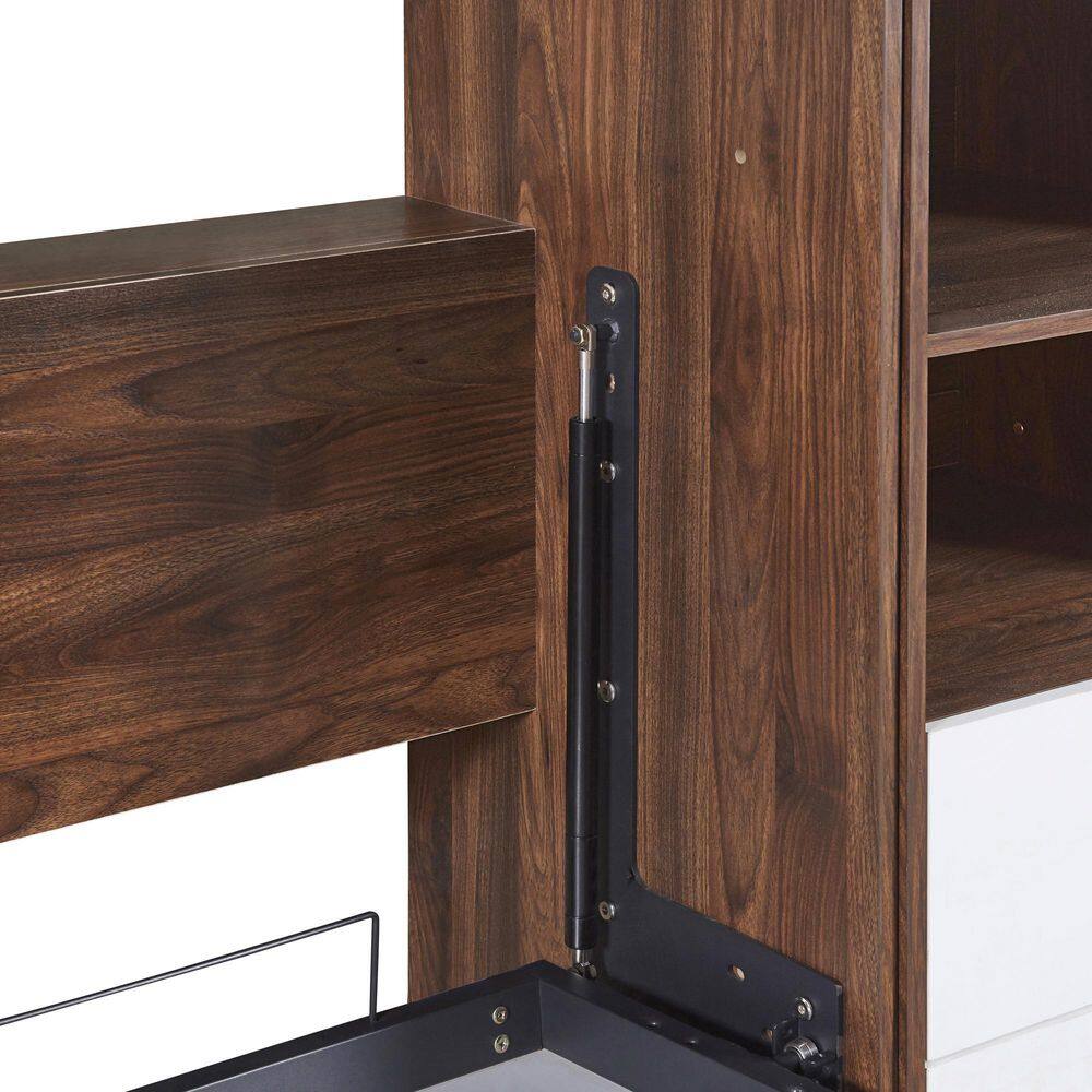 White and Brown Wood Frame Full Size Murphy Bed, Wall Bed with Cabinet - thumbnail 3