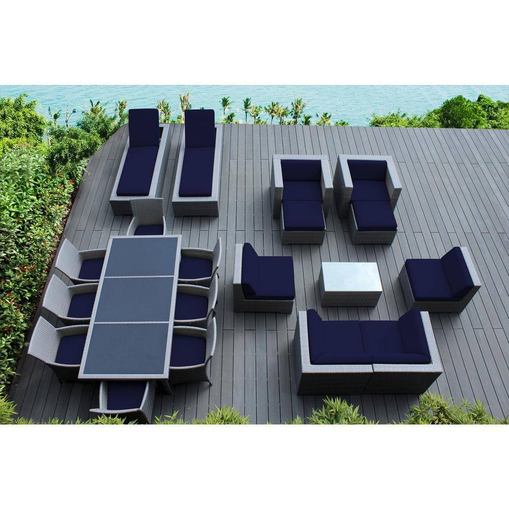 Gray 20-Piece Wicker Patio Combo Conversation Set with Sunbrella Navy Cushions