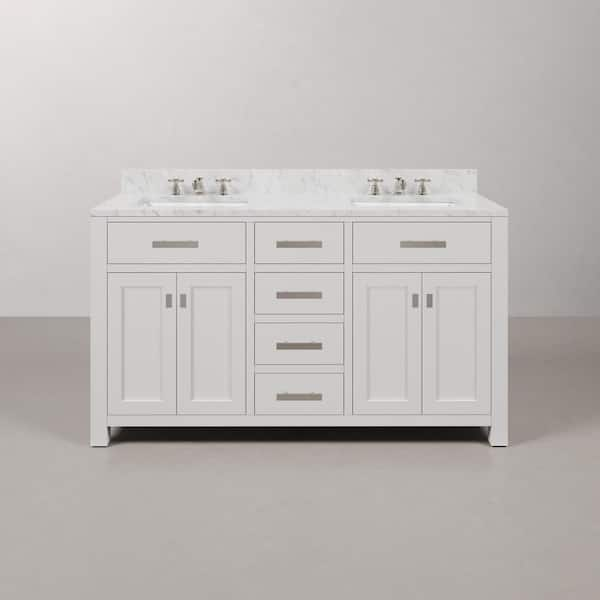 Madison 60 in. W x 21.5 in. D x 34 in. H Double Sink Bath Vanity in Pure White with Carrara White Marble Top and Faucet