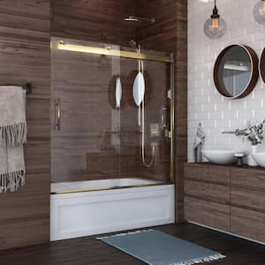 Luna Lite 60 in. W x 60.5 in. H Bypassing Frameless Bathtub Sliding Door in Brushed Gold Finish with Clear Glass
