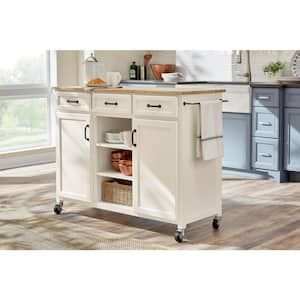 Ivory Wooden Rolling Kitchen Cart with Butcher Block Top and Storage (48" W)