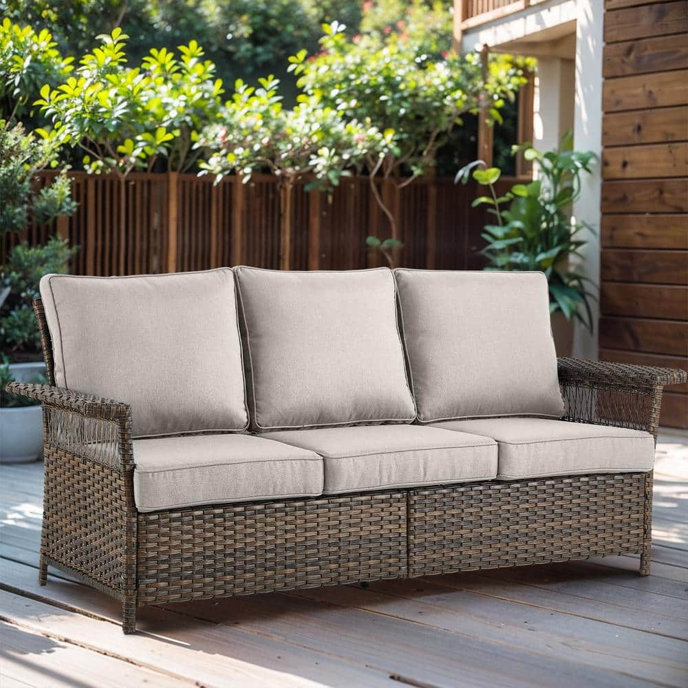 Pocassy Seagull Series 3-Seat Wicker Outdoor Patio Sofa Couch with Deep ...