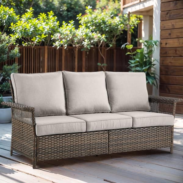 Pocassy Seagull Series 3-Seat Wicker Outdoor Patio Sofa Couch with Deep Seating and CushionGuard Beige Cushions