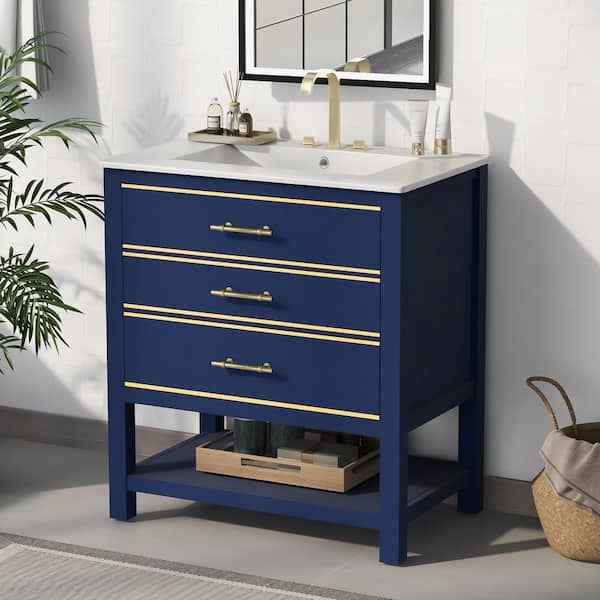 Qualler 30 in. W x 18.3 in. D x 33.7 in. H Single Sink Freestanding Bath Vanity in Blue with White Ceramic Top