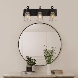 Farmhouse Rustic Black Vanity Light, 22 in. 3-Light Antique Cage Bathroom Wall Sconce with Seeded Glass Shades