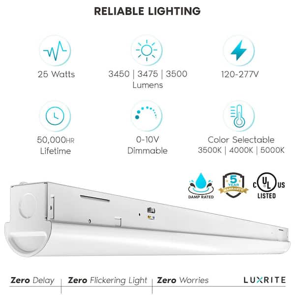 3 ft. 25-Watt 3450 Lumens LED White Slim Shop Light 3 Color Selectable 3500K-5000K Dimmable Damp Rated UL Listed