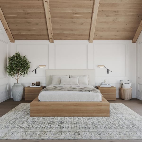 Nexera Jane 4-Piece Brown Oak Queen Size Bedroom Set with Upholstered Headboard
