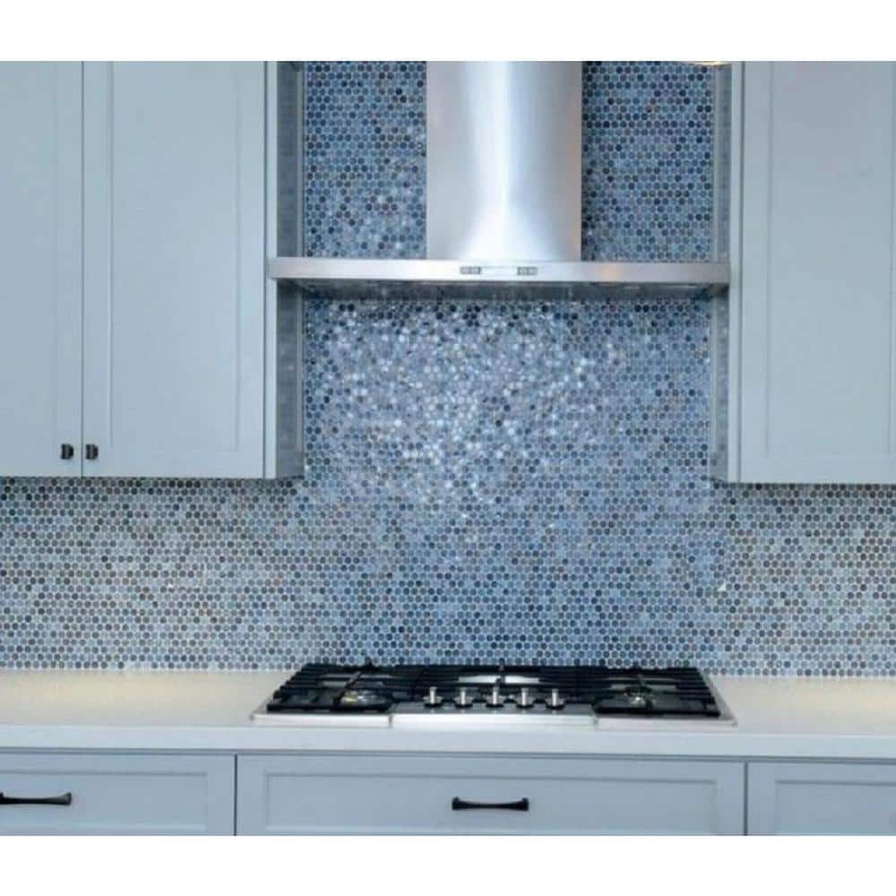 Gray and Blue Penny Round Glass Mosaic Tile 12.2" x 12.2"