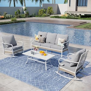 Metal 4-Piece Steel Outdoor Patio Conversation Set With Rocking Chairs, Gray Cushions and Table With Marble Pattern Top
