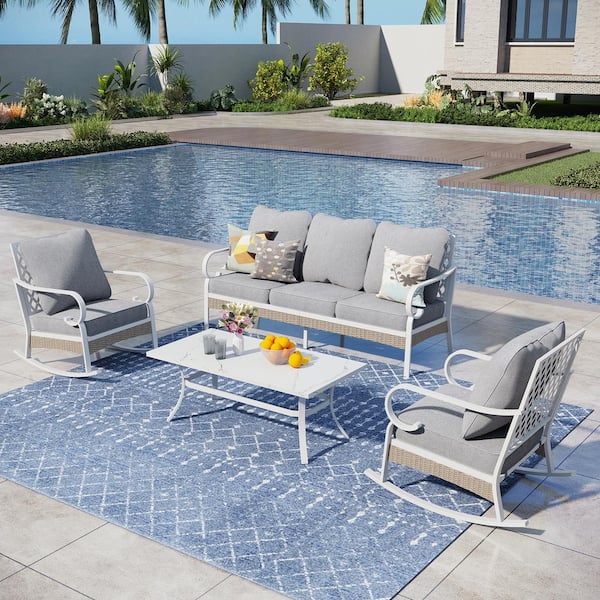 PHI VILLA Metal 4-Piece Steel Outdoor Patio Conversation Set With Rocking Chairs, Gray Cushions and Table With Marble Pattern Top