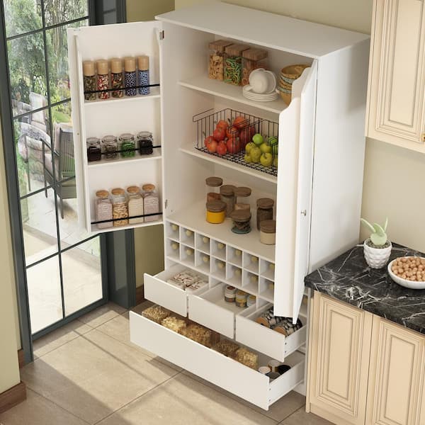 FUFU&GAGA White Painted Wood 31.5 in. W Food Pantry Cabinet With Double  Doors, Pull-out Wine Rack, Drawers, Anti-dumping device KF020317-01-c - The  Home Depot