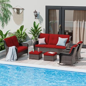 Brown 6-Piece Wicker Outdoor Patio Conversation Set with Red Cushions and Rocking Chairs