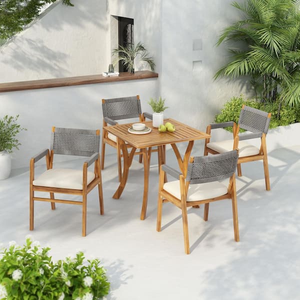 Allen Modern 5-Piece Teak Finish Wood and Grey Rope Square Outdoor Bistro Set Patio Dining Set with Beige Cushions