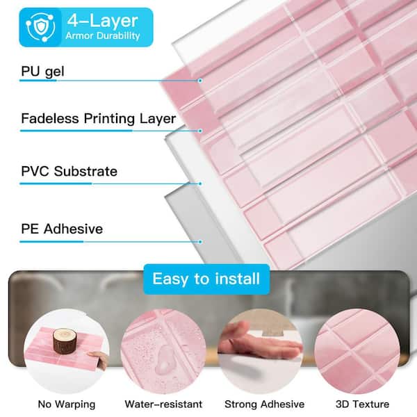 Pink 11.4 in. x 9 in. PVC Peel and Stick Backsplash, Self Adhesive Glossy Vinyl Wall Tiles for Kitchen (10-Pack)