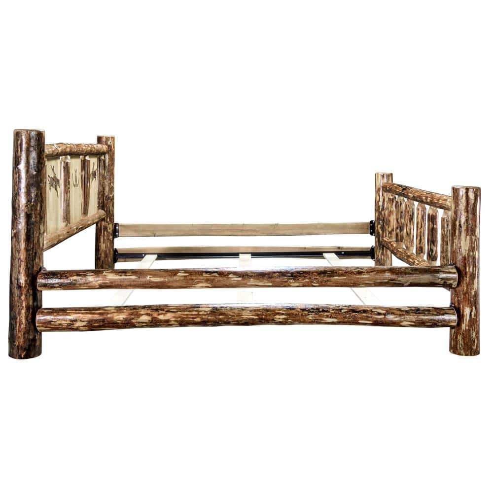 Rustic Bronc-Engraved Honey Pine Queen Bed with Panel Headboard