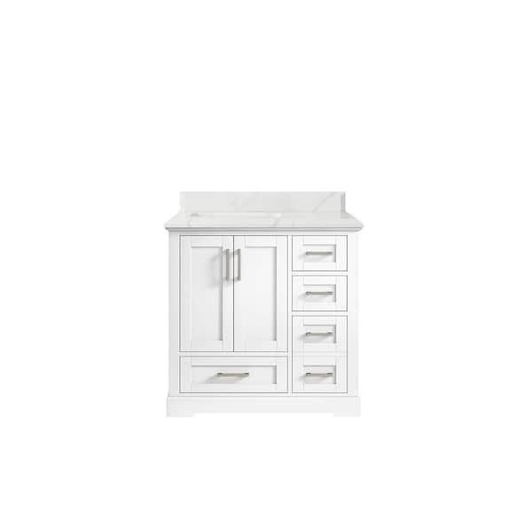 Willow Collections Boston 36 in. W x 22 in. D x 36 in. H Left Offset Sink Bath Vanity in White with 1.5 in. Calacatta Quartz Top