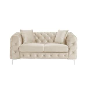 Modern Beige Contemporary 62 in. Love Seat with Deep Button Tufting Dutch Velvet, Solid Wood Frame and Iron Legs